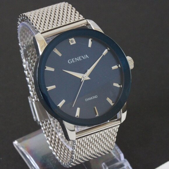 Geneva Men's Dress Watch Diamond At 12 Blue Dial Milanese Bracelet 42mm - Picture 2 of 13